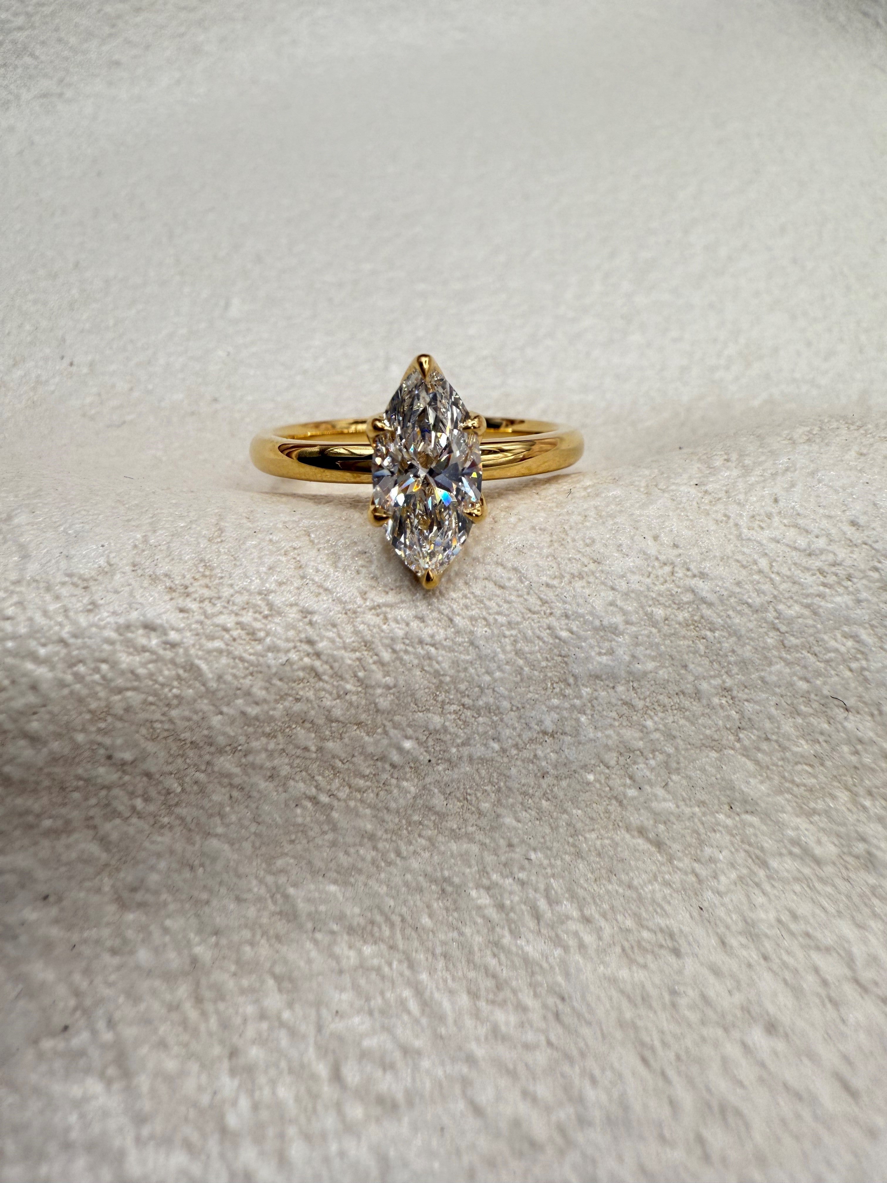 18Ct Yellow Gold 6 Claw 1.01ct Lab Grown Diamond Marquise Solitaire Engagement Ring