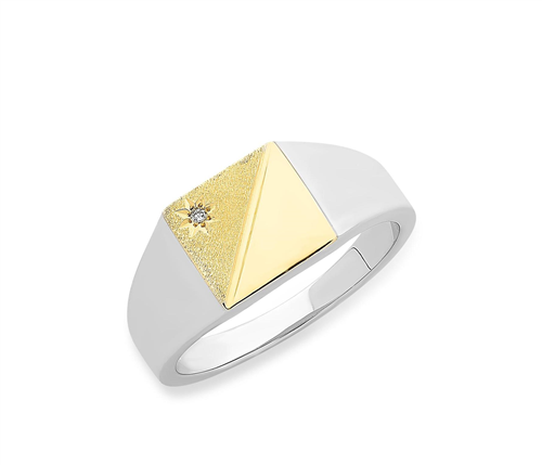 Sterling Silver And 9Ct Yellow Gold Diamond Signet Ring. Design No: M2526.