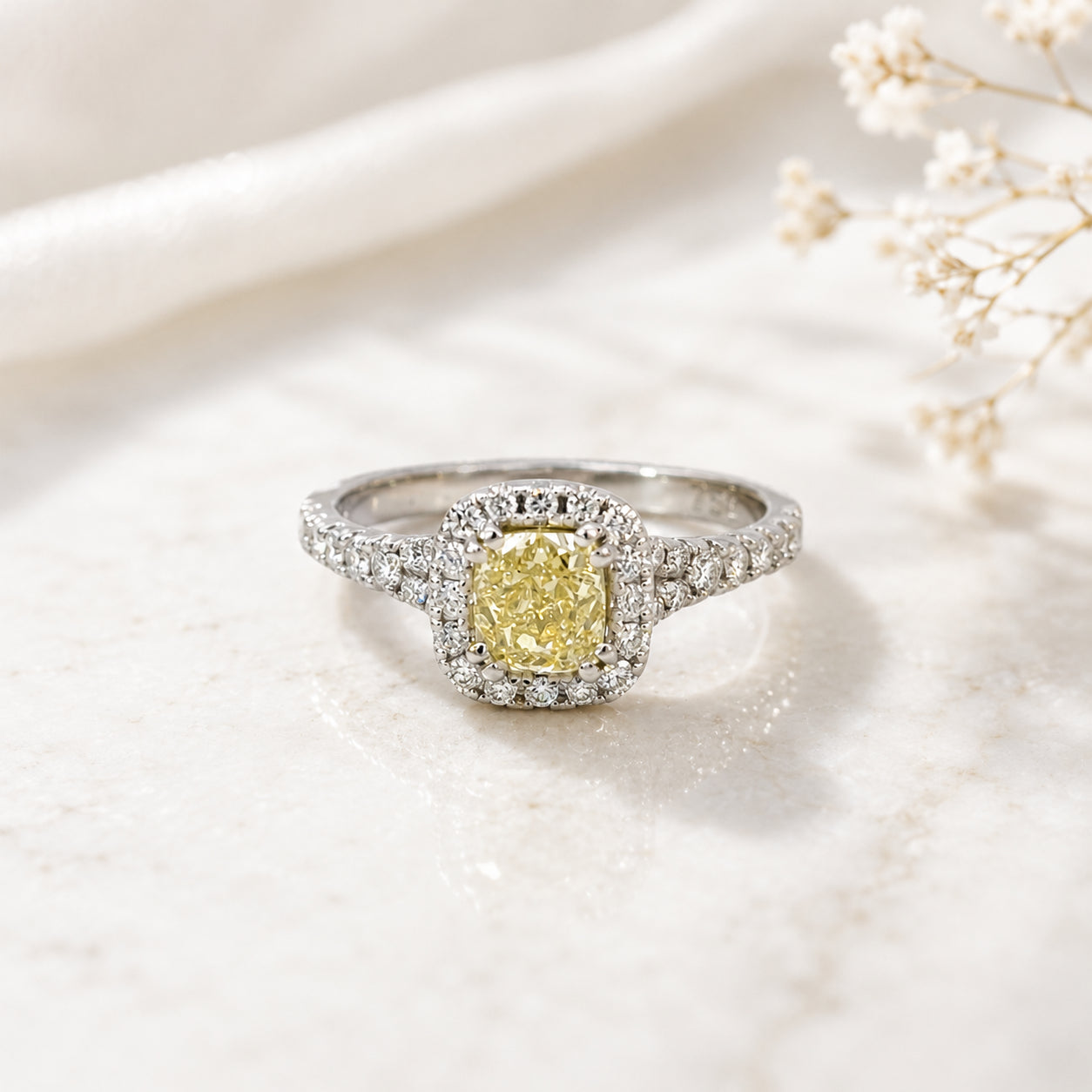 Natural Cushion Cut Yellow Diamond Halo Ring