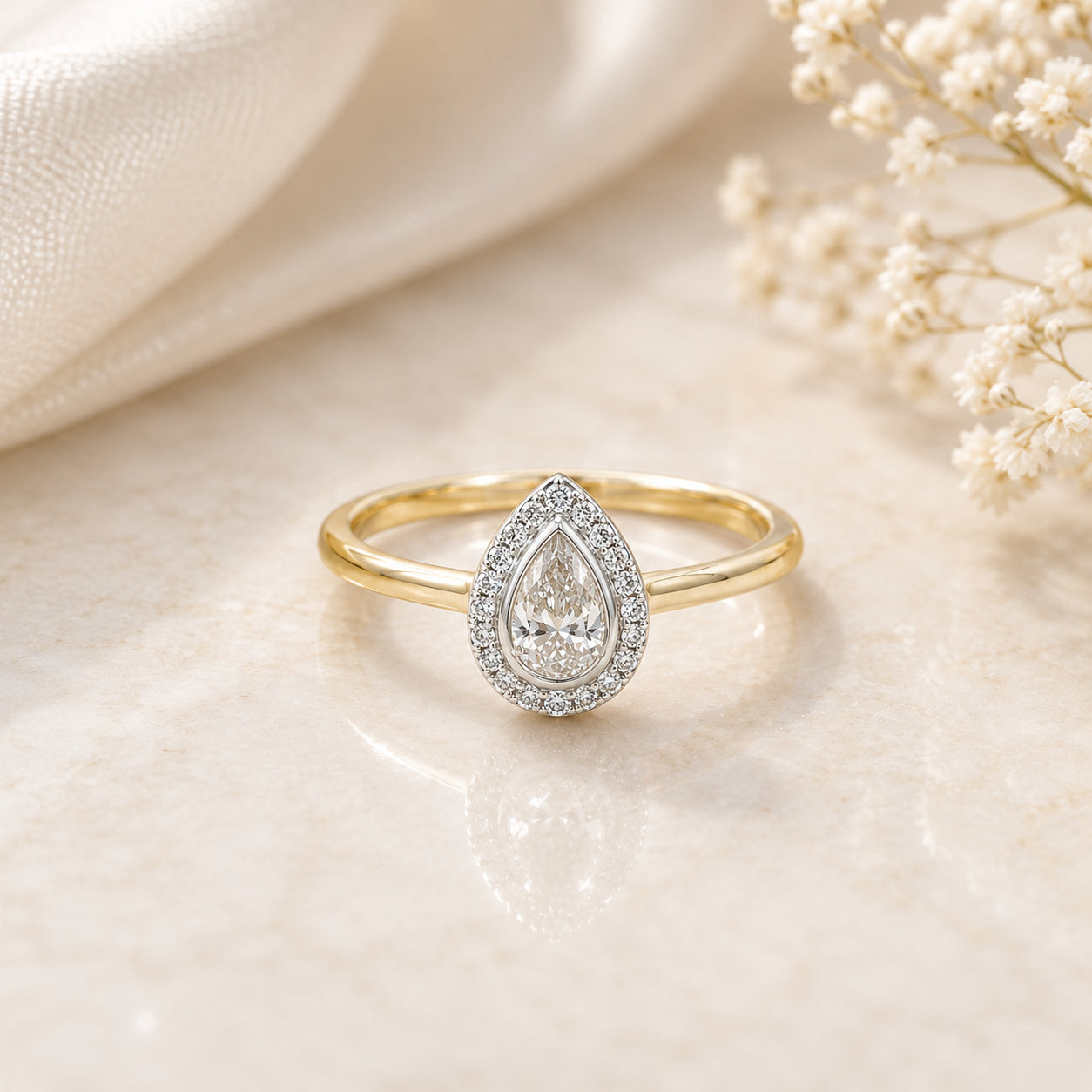 Natural Pear Diamond Bezel Halo Ring