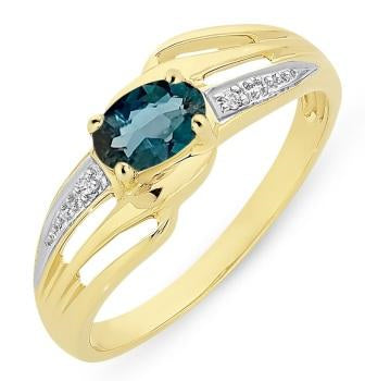 9ct Y/G London Blue Topaz & Diamond Ring