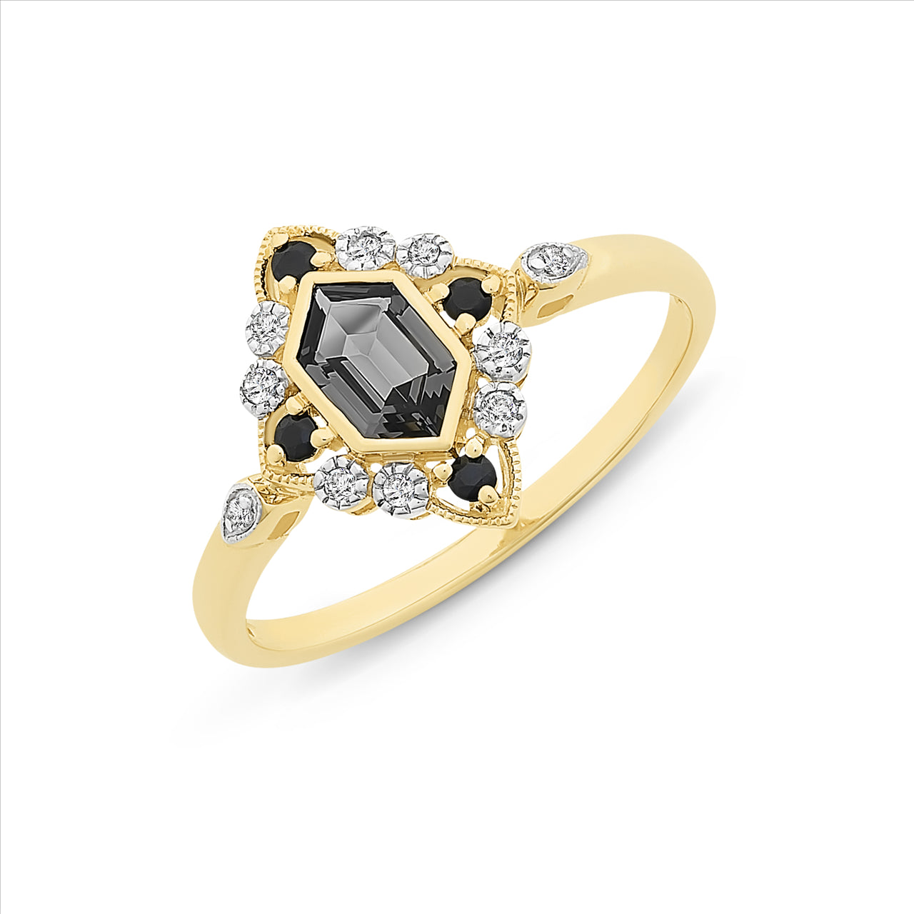 9ct Yellow Gold Created Sapphire, Diamond and Created Nano Gem Ring