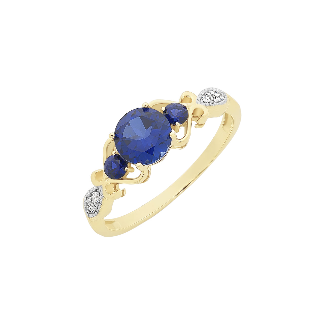 9ct Yellow Gold Created Sapphire and Diamond Ring