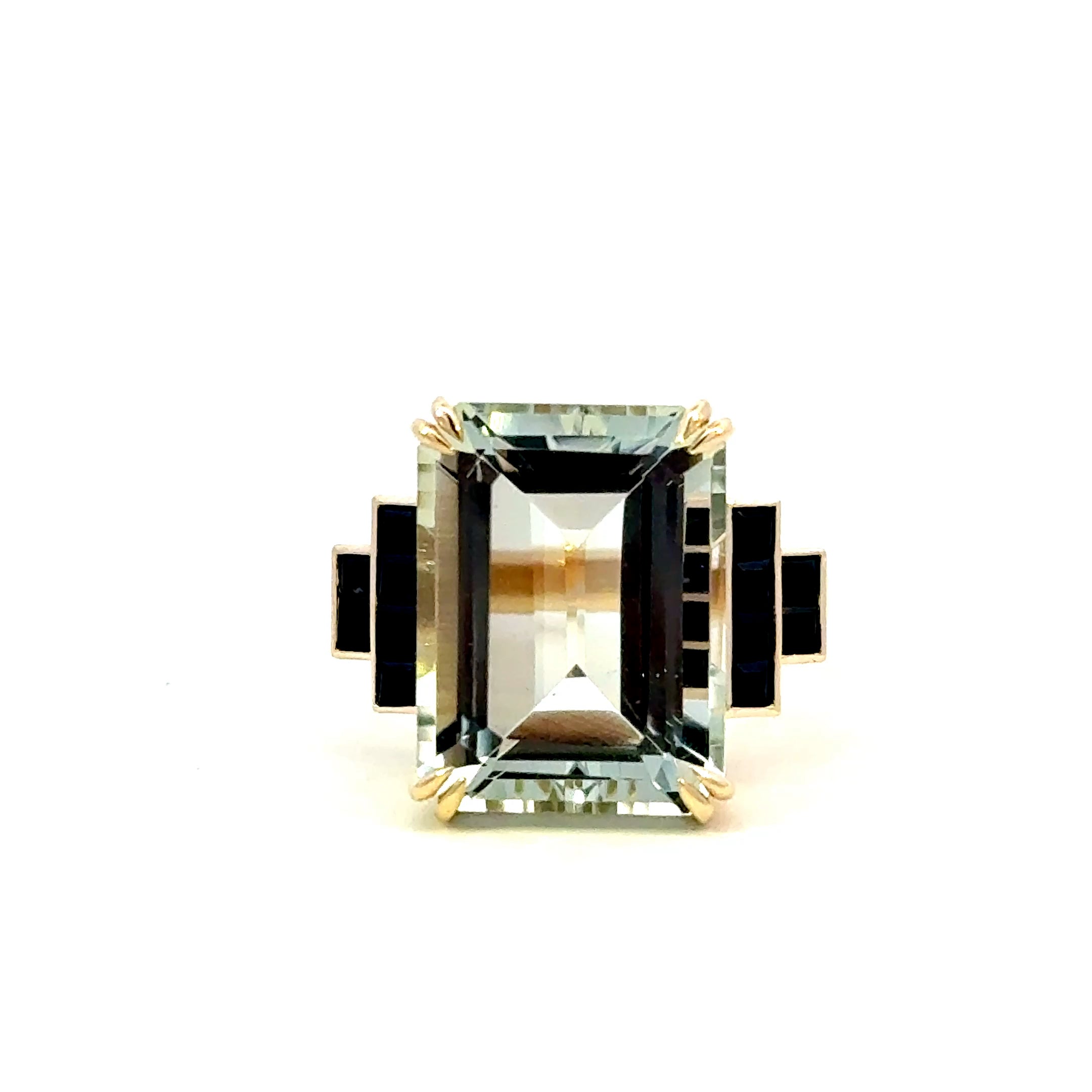 9ct Yellow Gold Green Amethyst and Sapphire Ring – 11.50ct Gemstone Statement Ring
