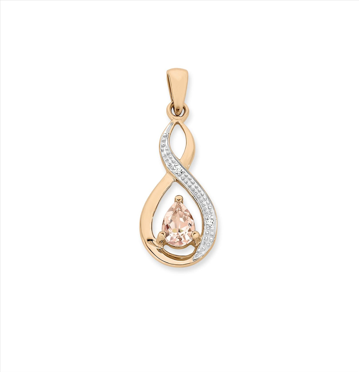 9k Rose Gold Pear Morganite & Diamond Swirl Drop Pendant With Rose Gold Plated Fine Curb Display Chain