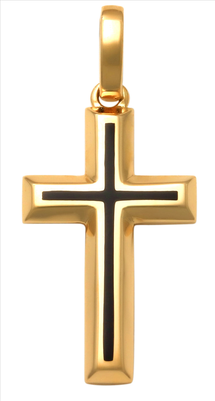 9ct Y/G Solid Cross pendant with Black Enamel centre