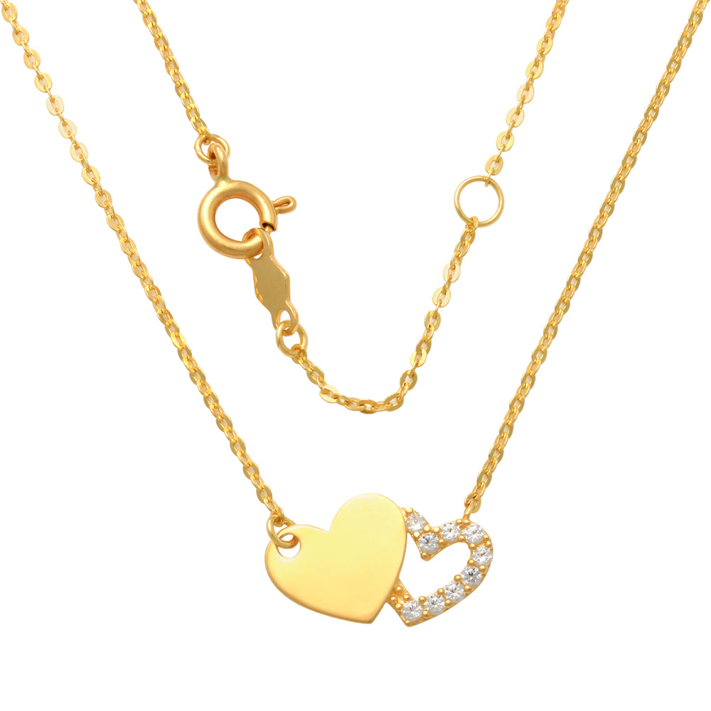 9ct Yellow Gold Double Heart Pendant with CZ & Oval Link Chain