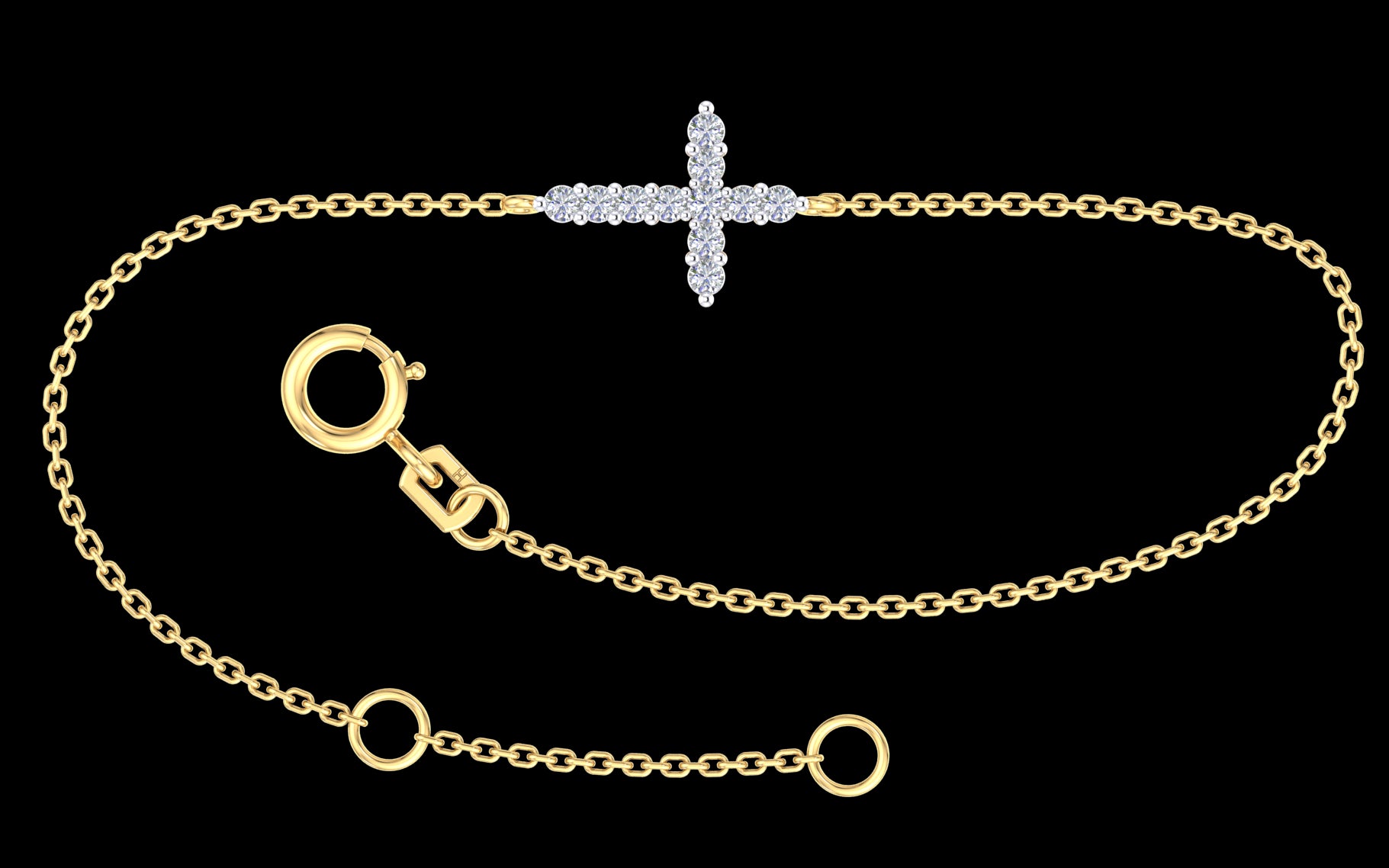 9k YG Oval link Bracelet with Diamond Cross. 19cm with Jump ring at 17cm. 11D=0.15ct)