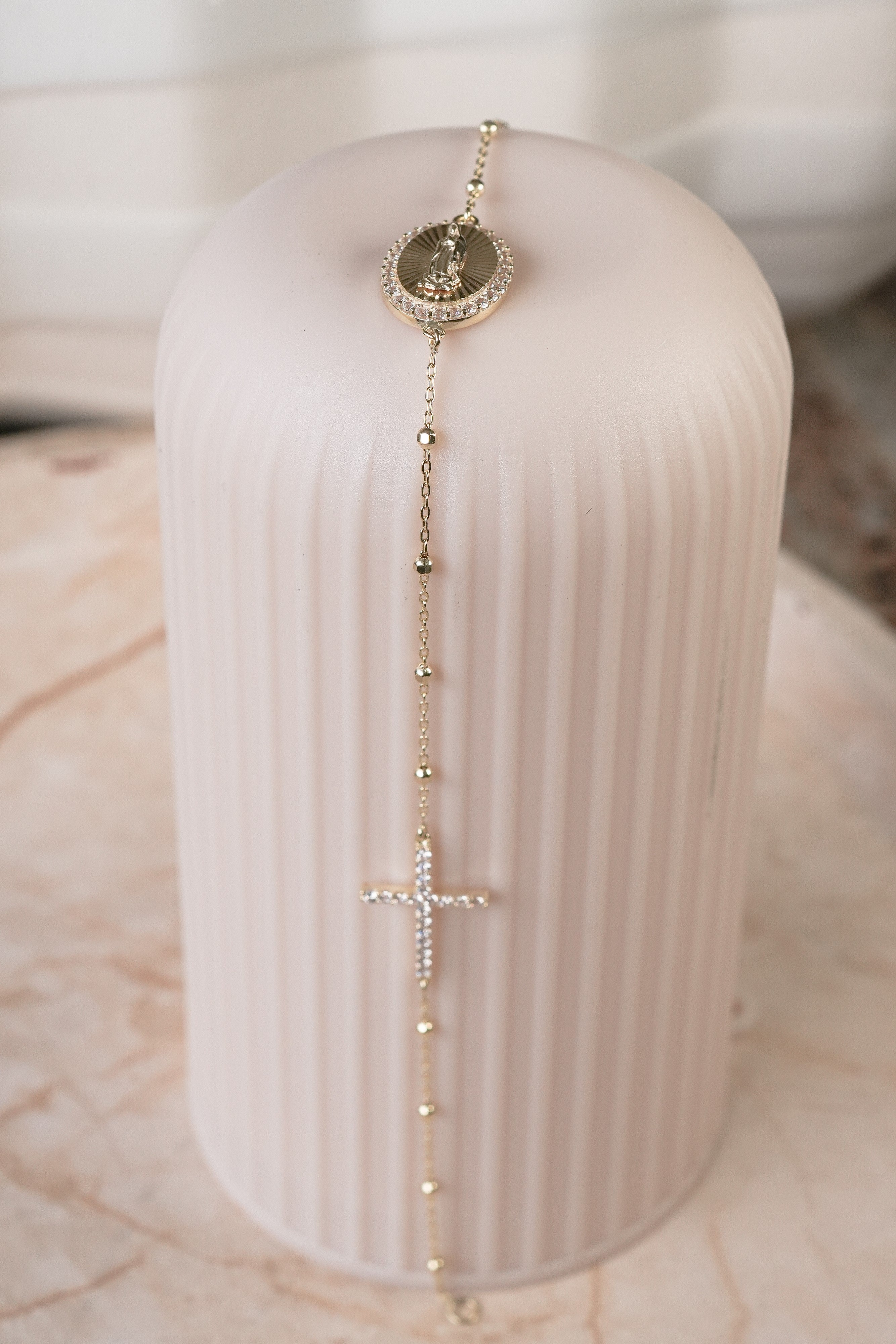 9k Yellow Gold Rosary Bracelet with Miraculous Madonna and CZ Cross – 18.5cm