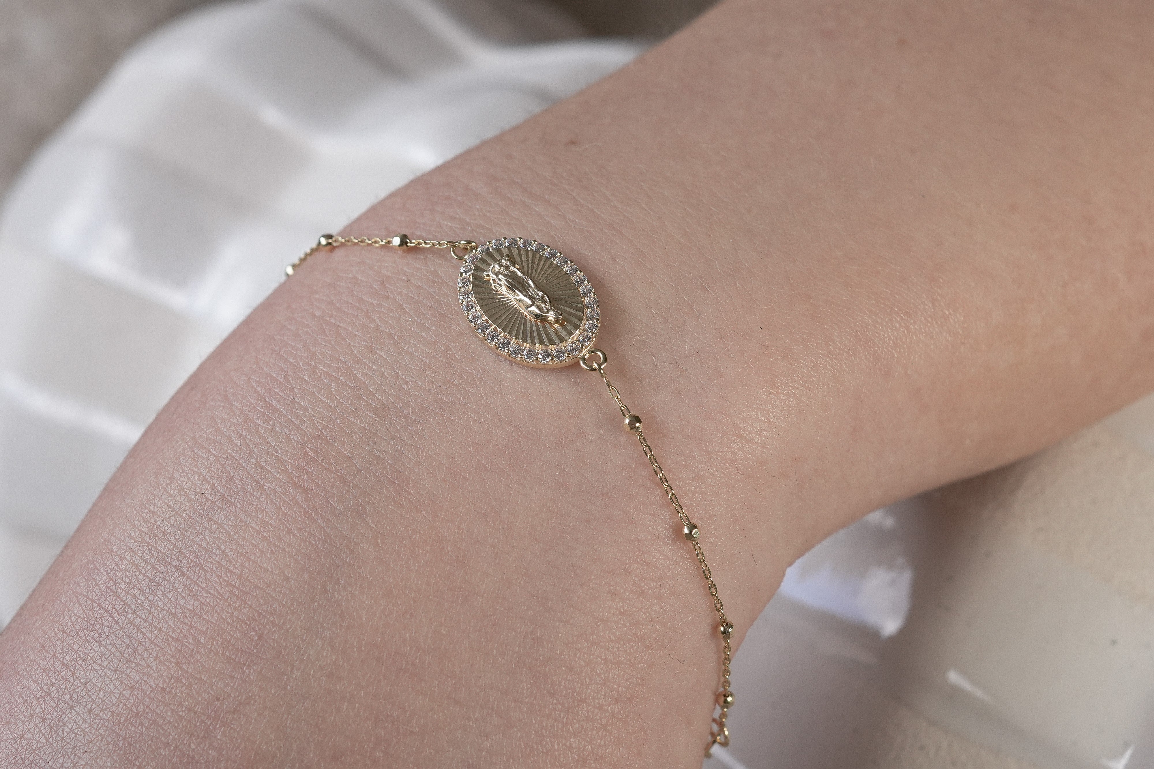 9k Yellow Gold Rosary Bracelet with Miraculous Madonna and CZ Cross – 18.5cm