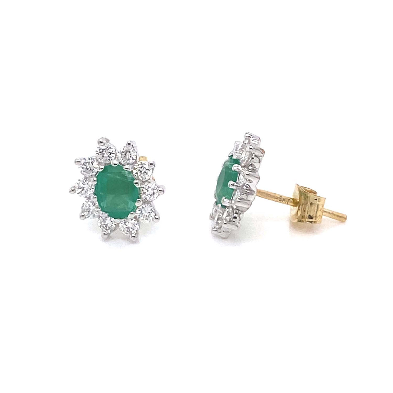 9ct Y/G Emerald & Diamond Cluster Stud Earrings