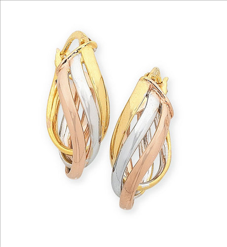 9k 3Tone Yellow, White & Rose Gold Silver Filled Twist Hoops