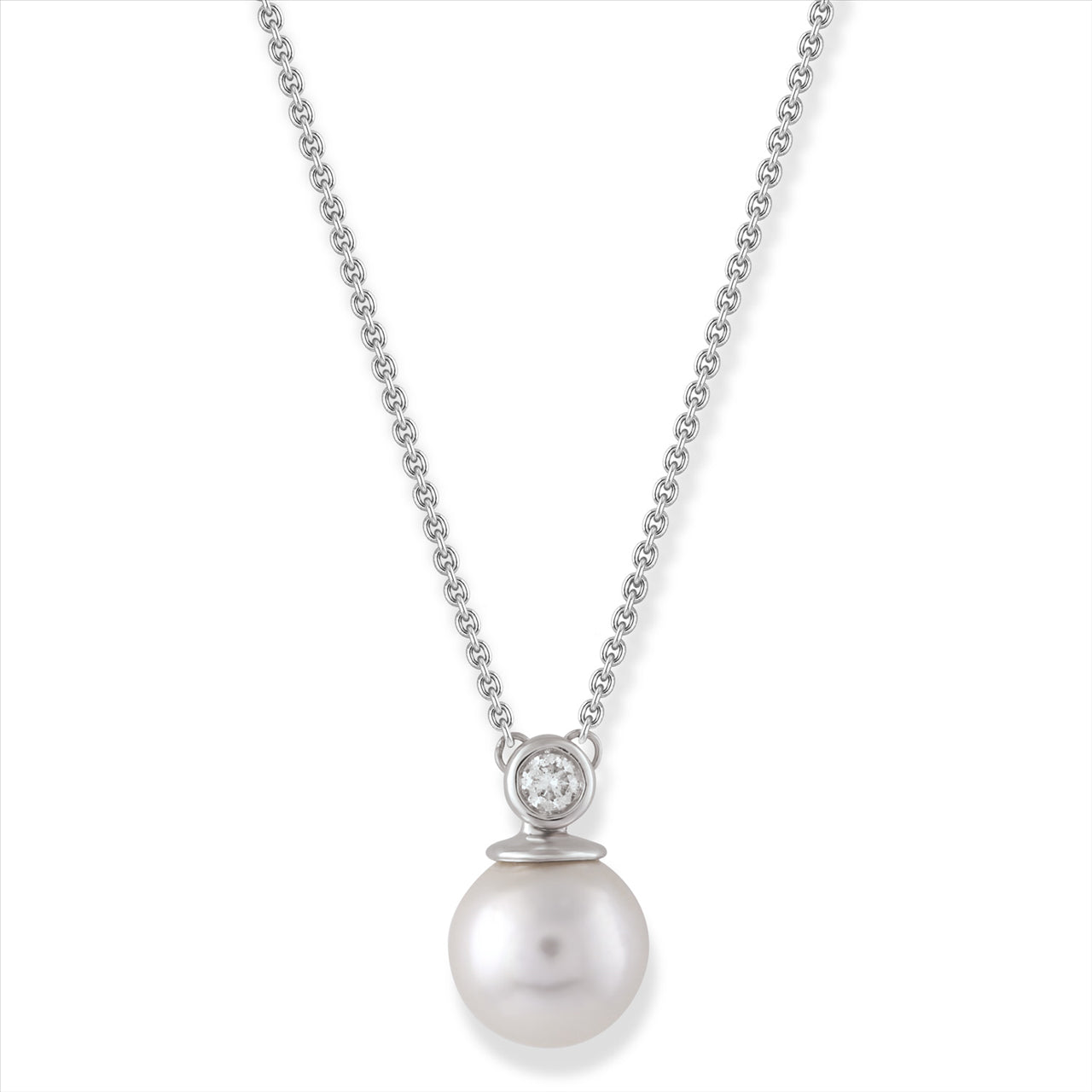 9ct W/G Diamond White Pearl Necklace 45+5cm