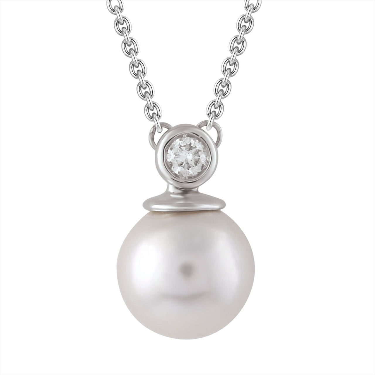 9ct W/G Diamond White Pearl Necklace 45+5cm