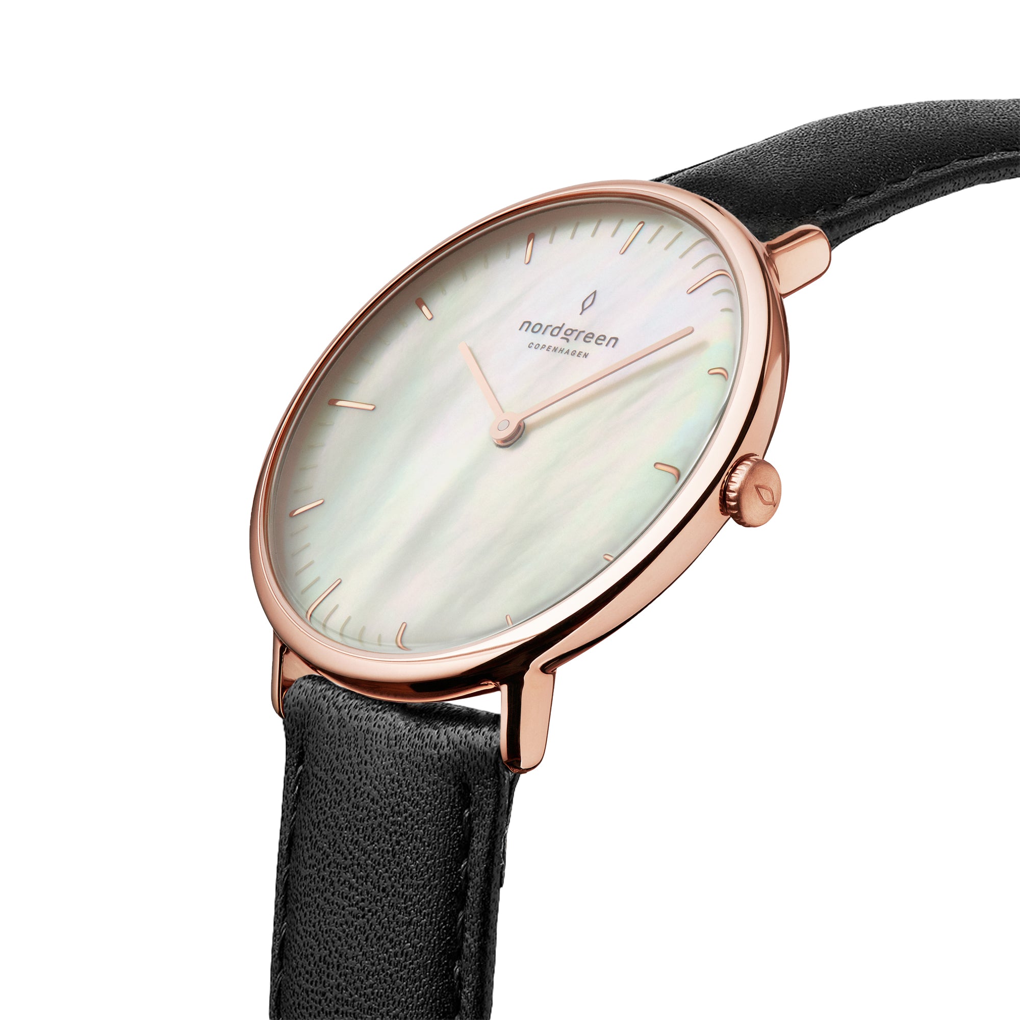 Nordgreen Native Mother Of Pearl dial, Black Leather Rose Gold 28mm