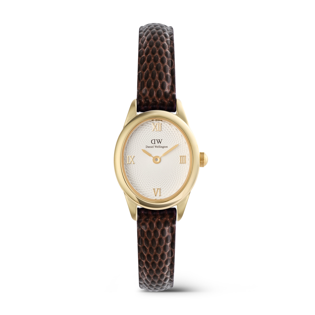 Daniel Wellington Ophelia Mini Dark Brown Lizard White Guilloché Gold Watch