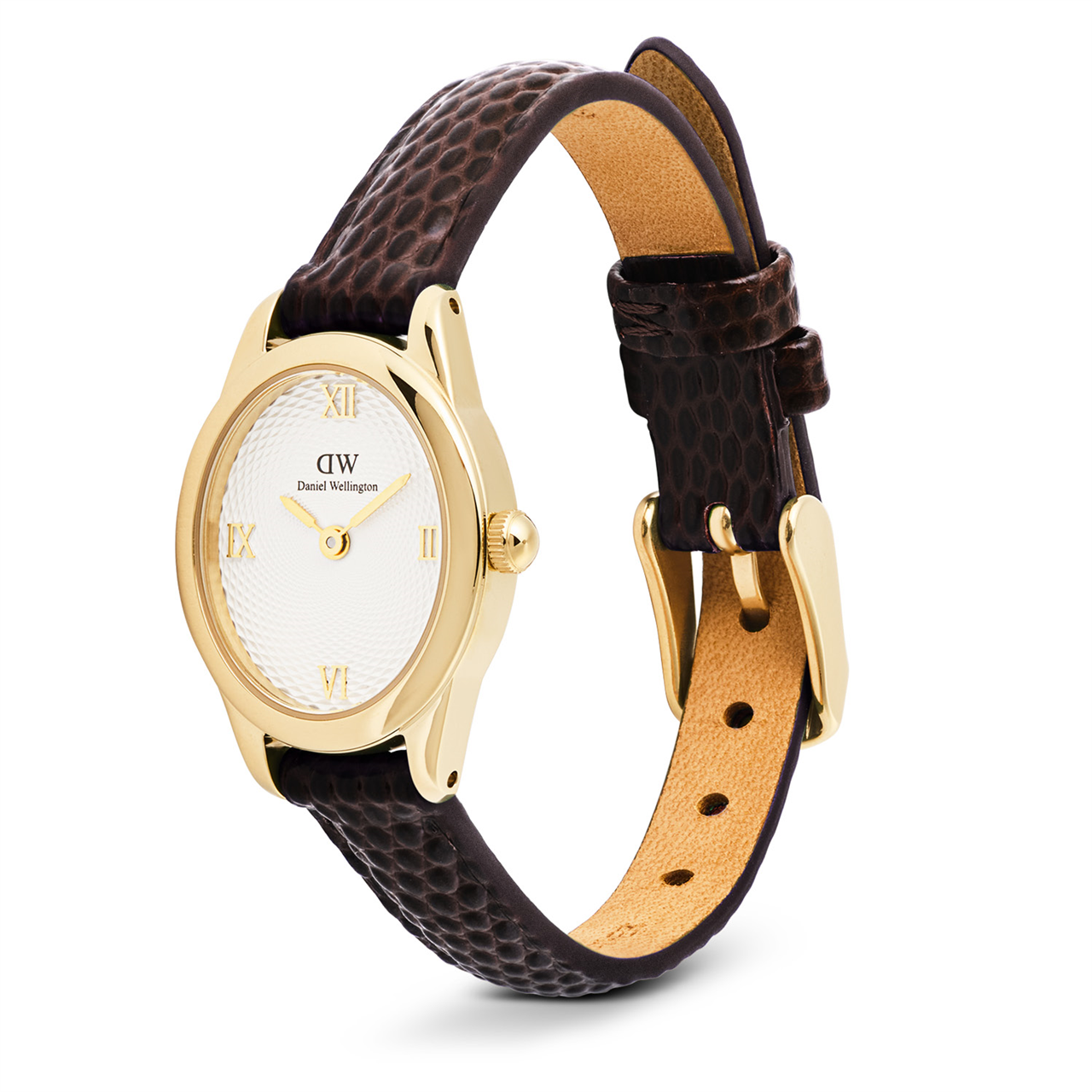 Daniel Wellington Ophelia Mini Dark Brown Lizard White Guilloché Gold Watch
