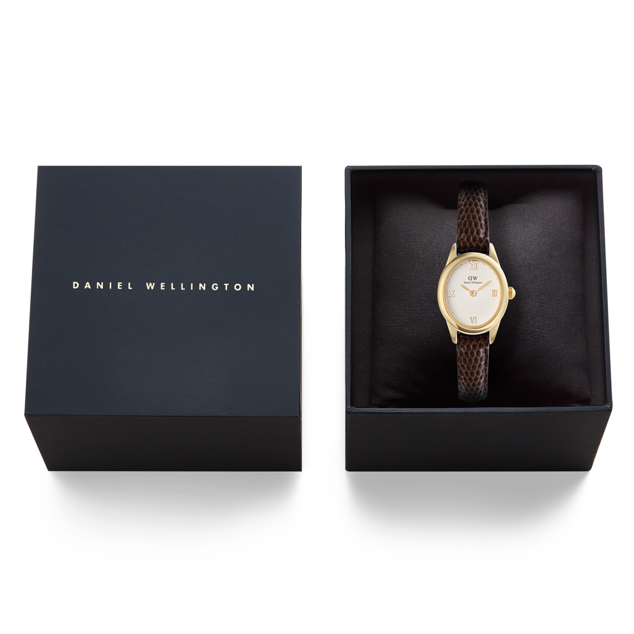 Daniel Wellington Ophelia Mini Dark Brown Lizard White Guilloché Gold Watch