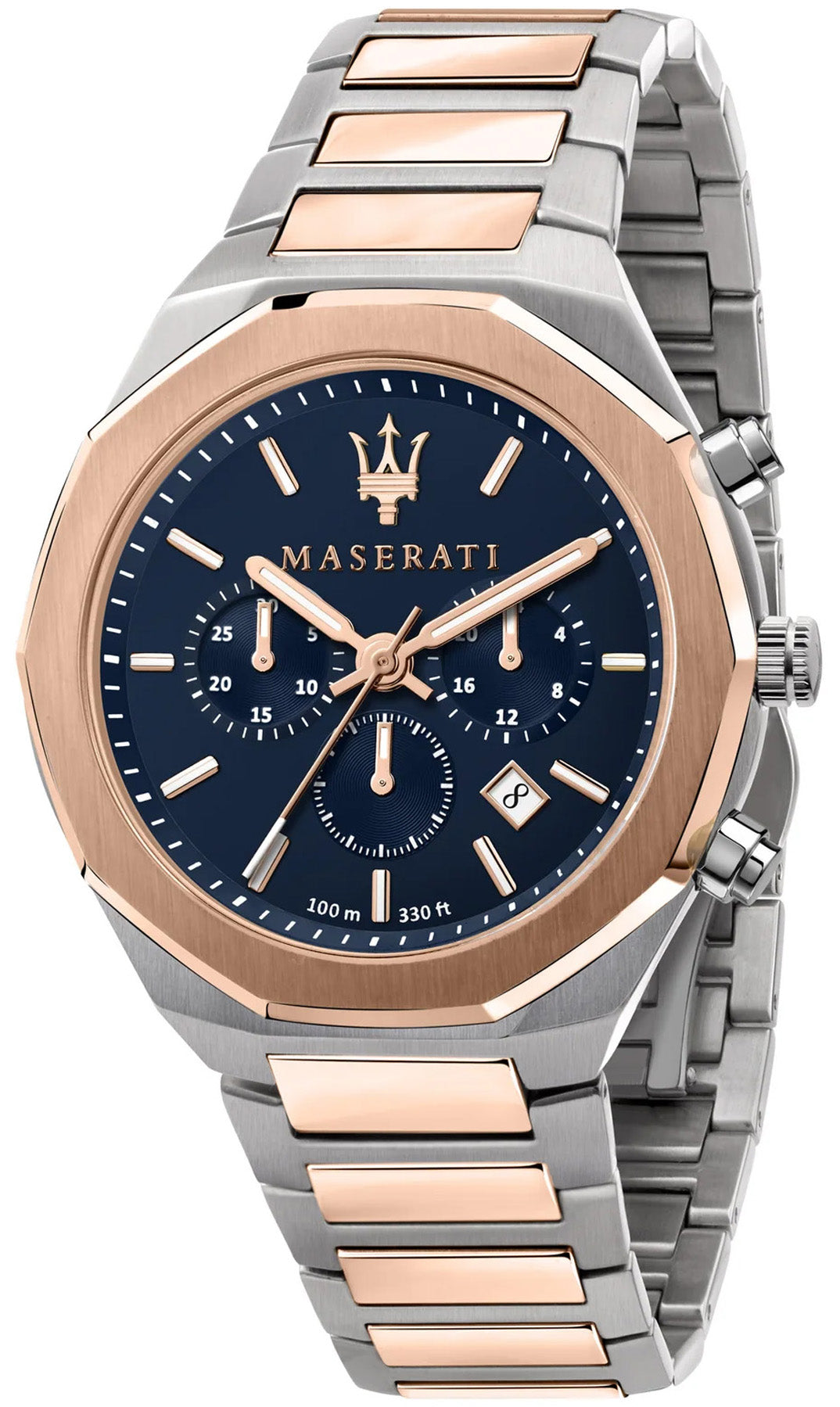 Maserati Stile 45mm Chrono Blue Dial Two Tone Ss Rose Gold Bracelet