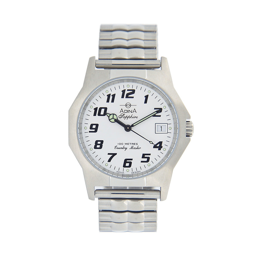 Adina Country Master Workman Watch- White Full Figure, Sapphire Glass, Expanable