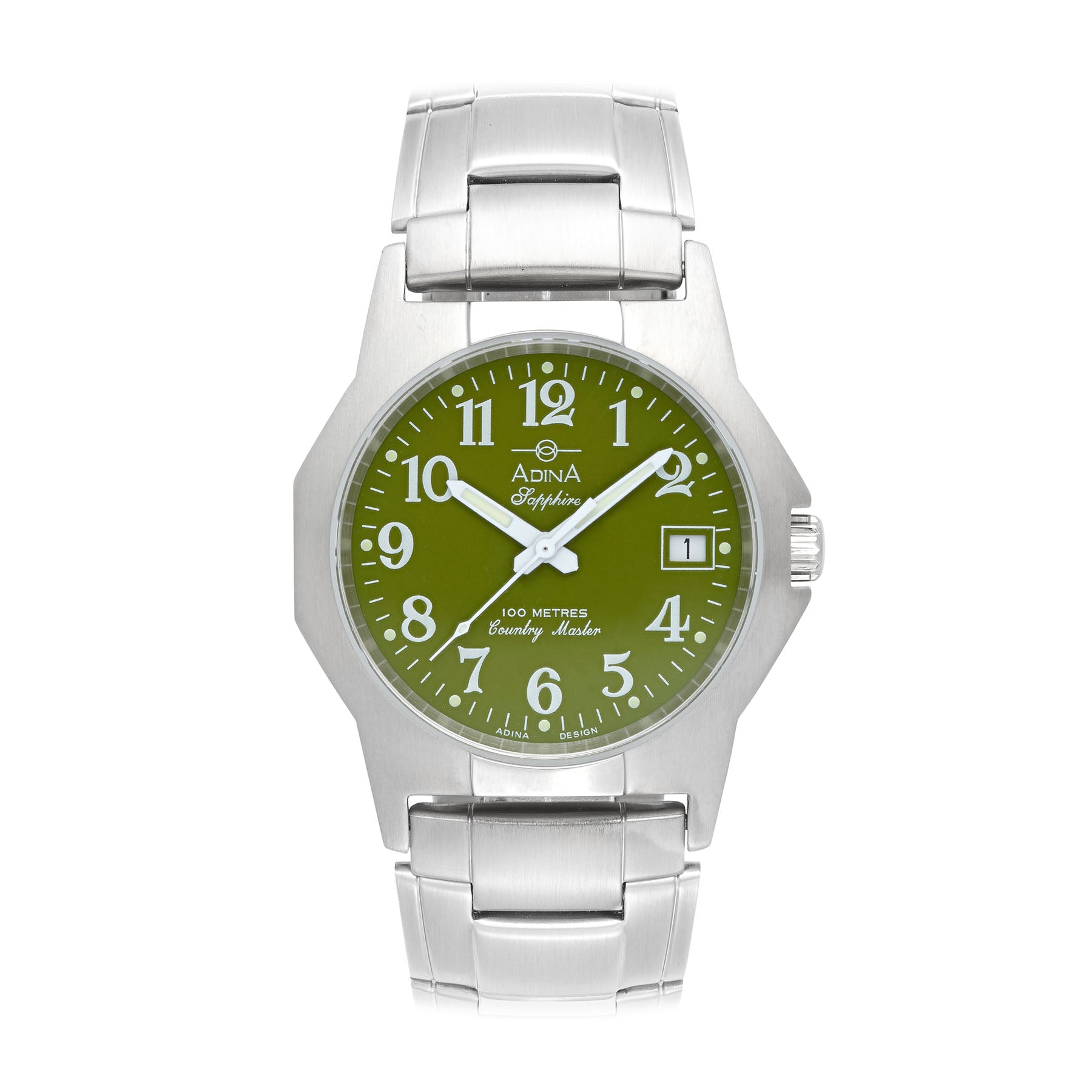 Adina Limited Edition Country Master Watch - Green Dial with Numbers, Bracelet, Sapphire Glass
