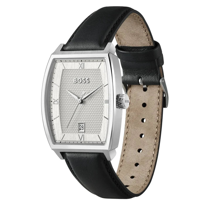 BOSS Black Leather Silver White Dial Men's Watch - 1514351