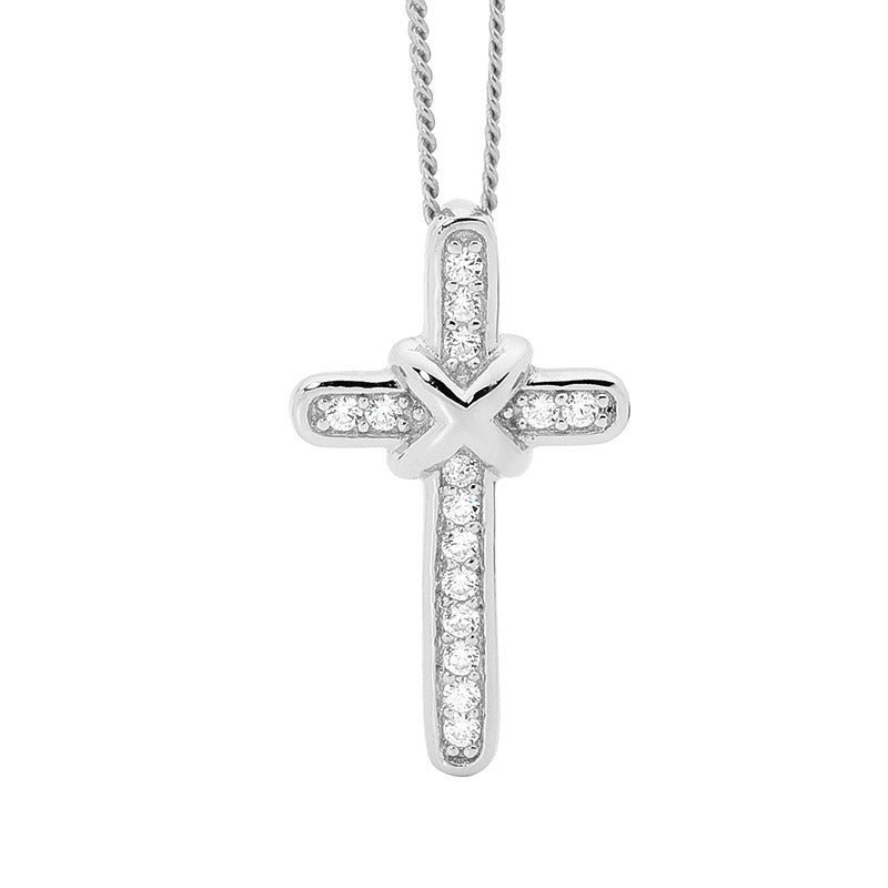 Ellani S/S WH CZ Cross Pendant w/ Cross over feature