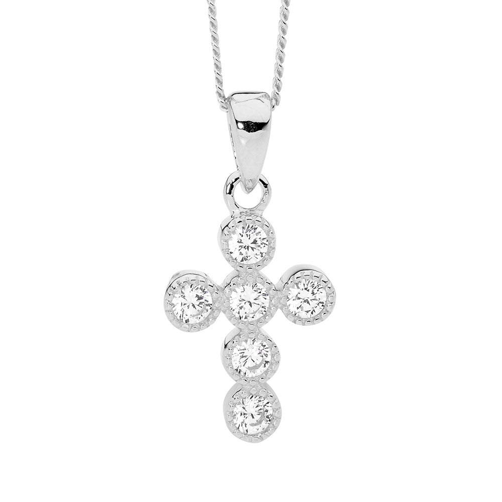 Ellani S/S 14mm wh cz crown set cross pendant