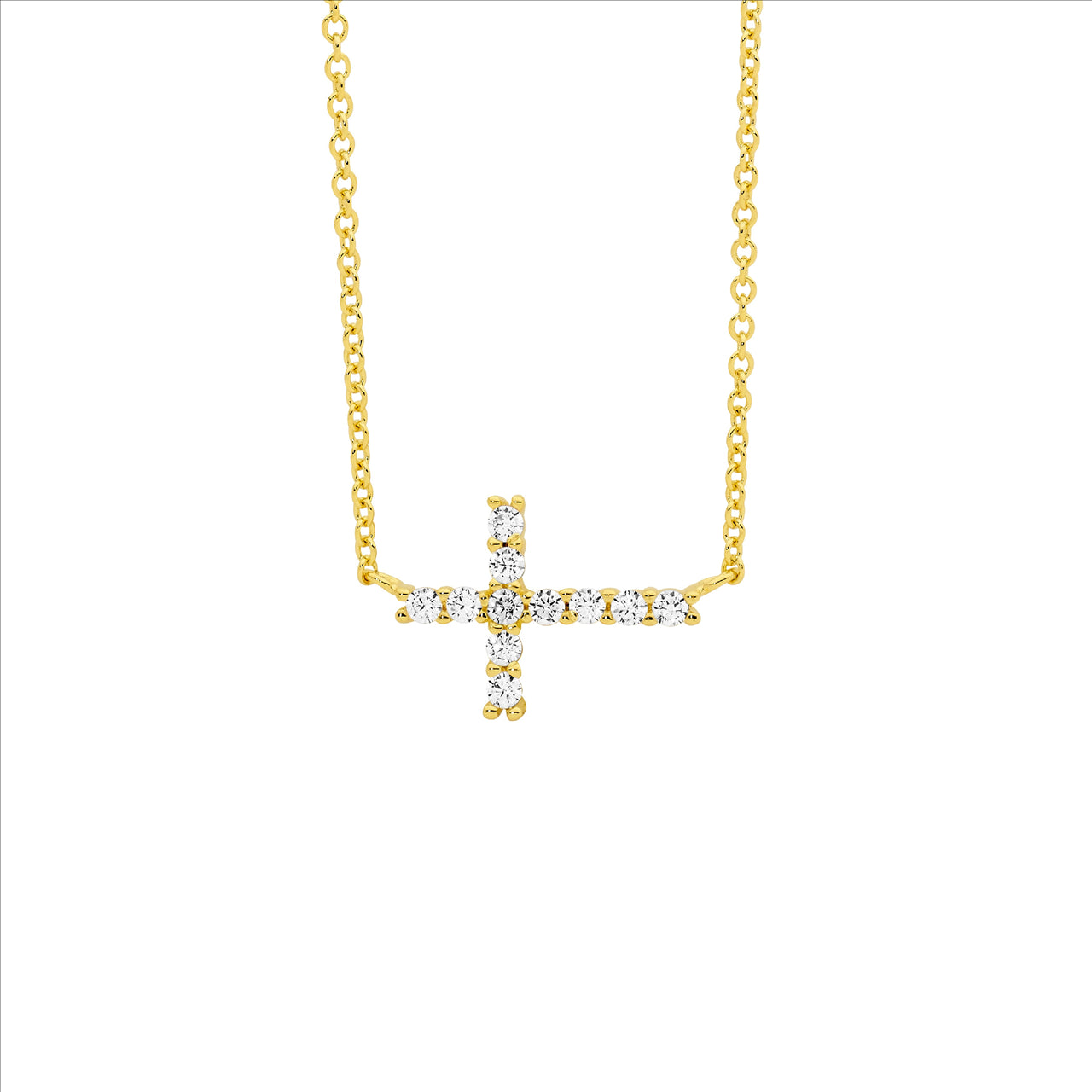 Ellani S/S WH CZ Sml Cross Pendant w/ Attached Chain & gold plating