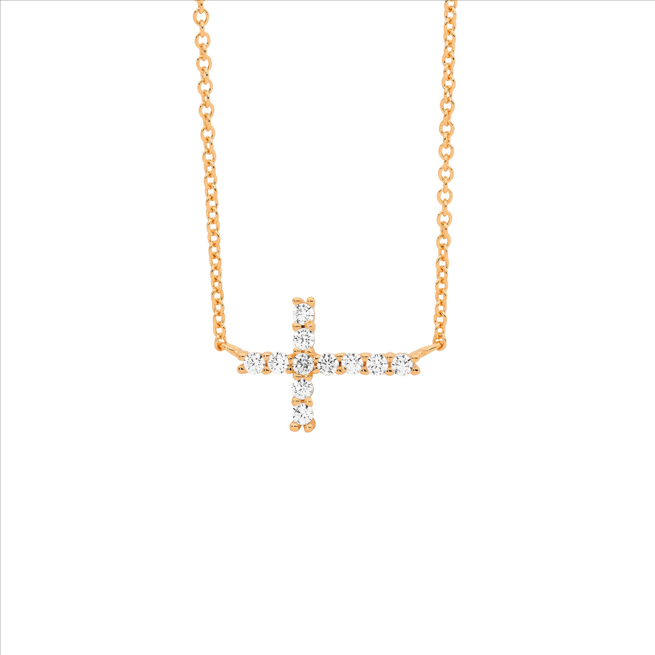 Ellani Rose Gold Cz Stone Small Cross Pendant with Attached Chain