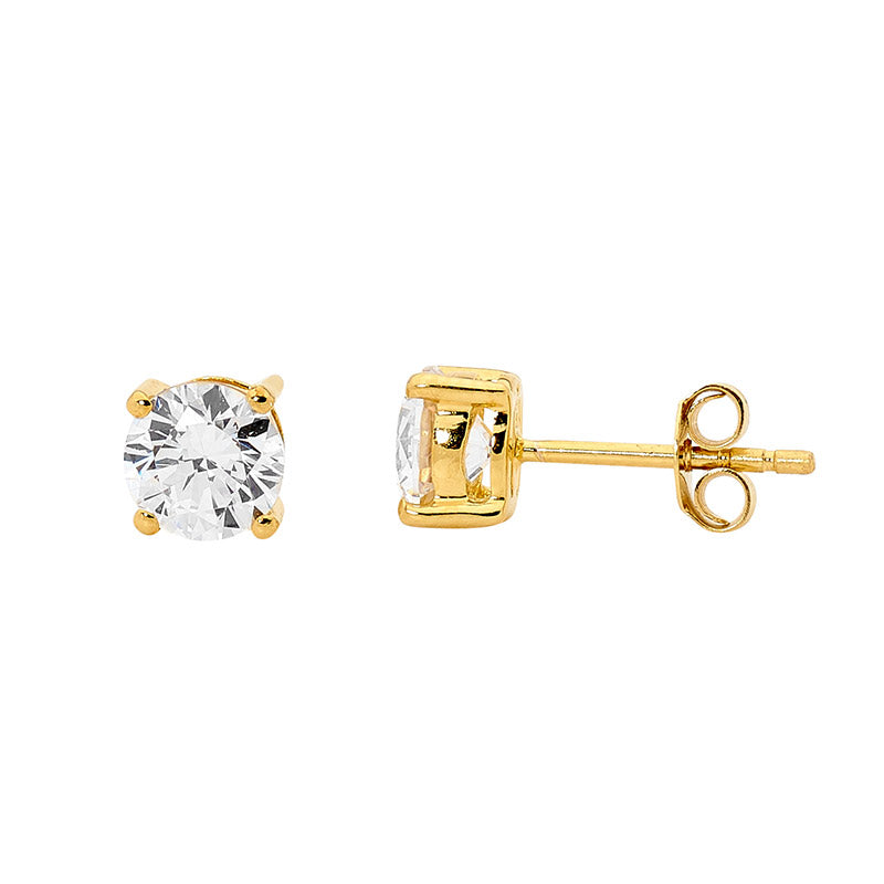 Ellani Sterling Silver 5mm Round White Cubic Zirconia Claw Set Stud Earrings – Gold Plated - E130G-5