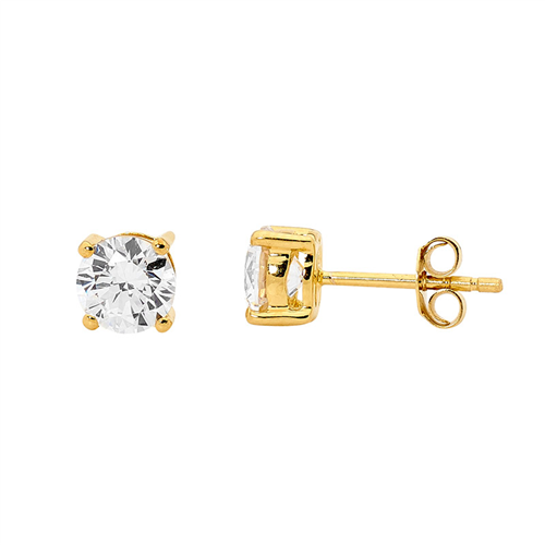 Ellani Sterling Silver 5mm Round White Cubic Zirconia Claw Set Stud Earrings – Gold Plated - E130G-5