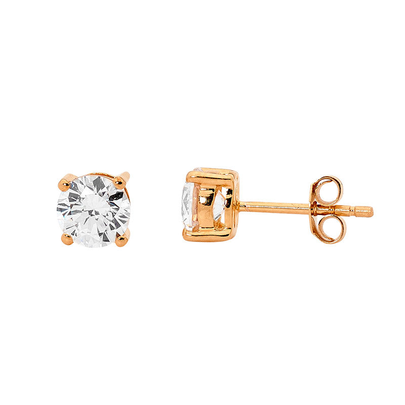 Ellani Sterling Silver 5mm Round White Cubic Zirconia Claw Set Stud Earrings – Rose Gold Plated - E130R-5