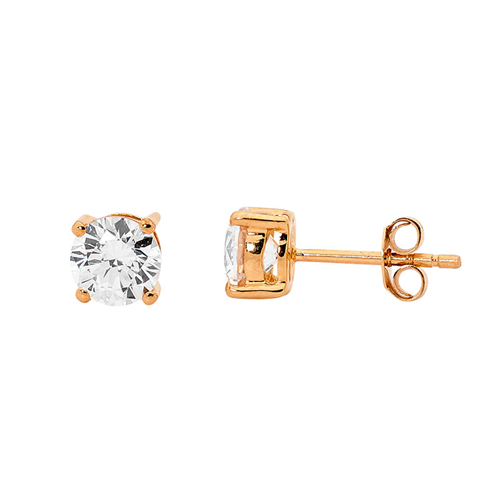 Ellani Sterling Silver 5mm Round White Cubic Zirconia Claw Set Stud Earrings – Rose Gold Plated - E130R-5