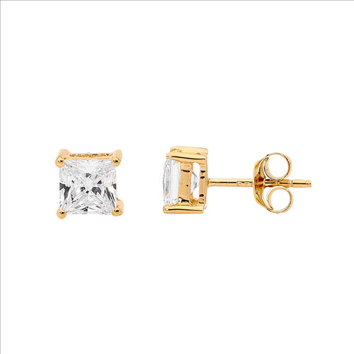 Ellani SS 5mm Princess WH CZ Claw Studs w/ Gold Plating