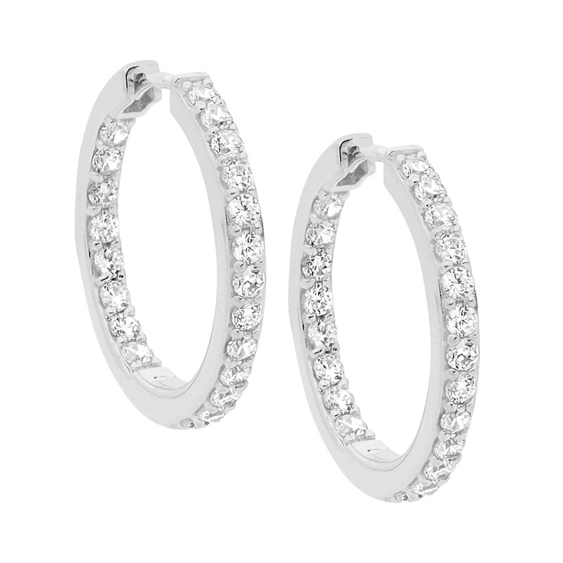 Ellani Sterling Silver White Cubic Zirconium Round Hoops