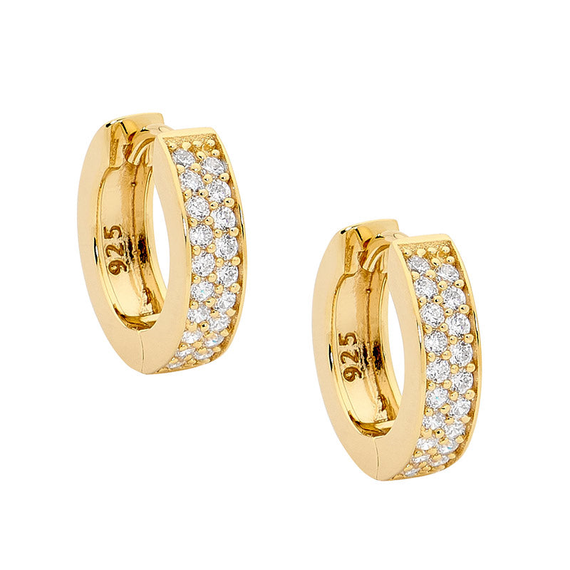 Ellani S/S White CZ 15 Double Row Pave Hoop earrings with Gold Plating