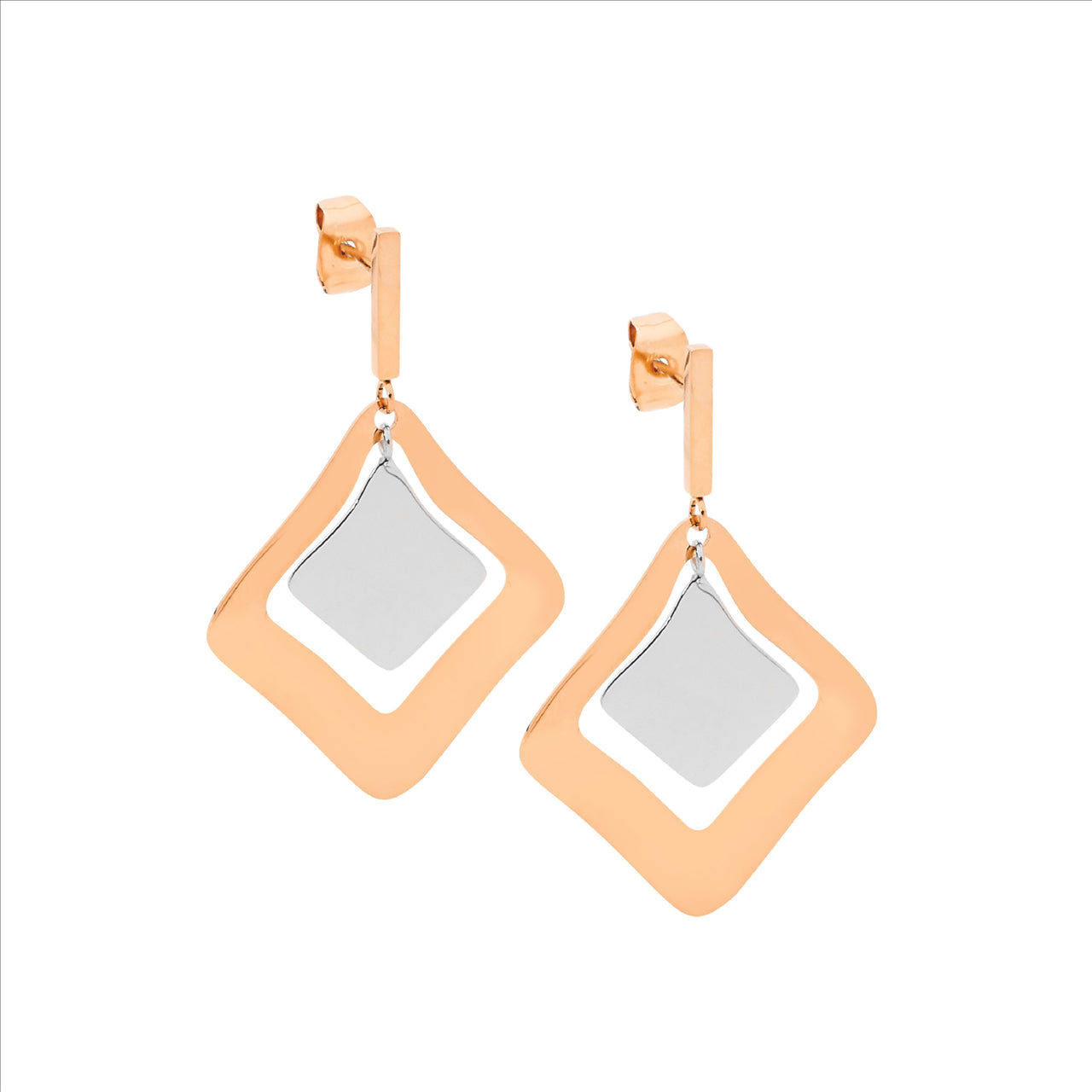 Ellani Stainless Steel Abstract Double Square Drop Earrings With Rose Gold Plating