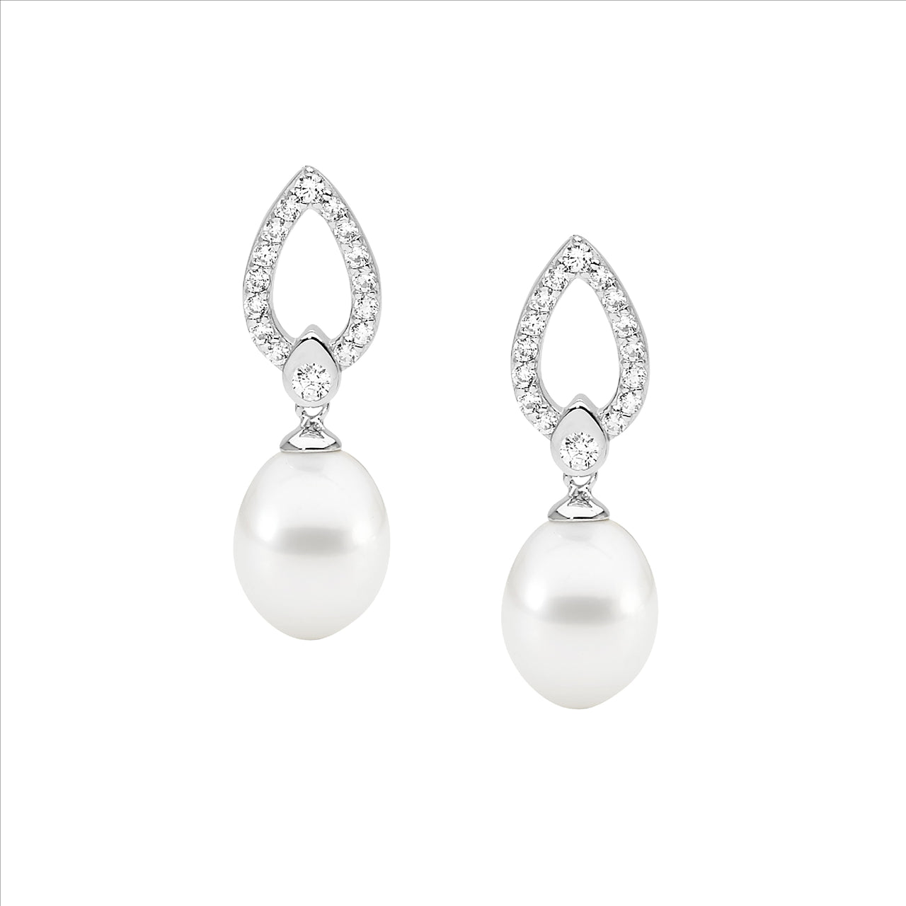 Ellani S/S Wh Cz Open Tear Drop Earrings W/ Freshwater Pearl