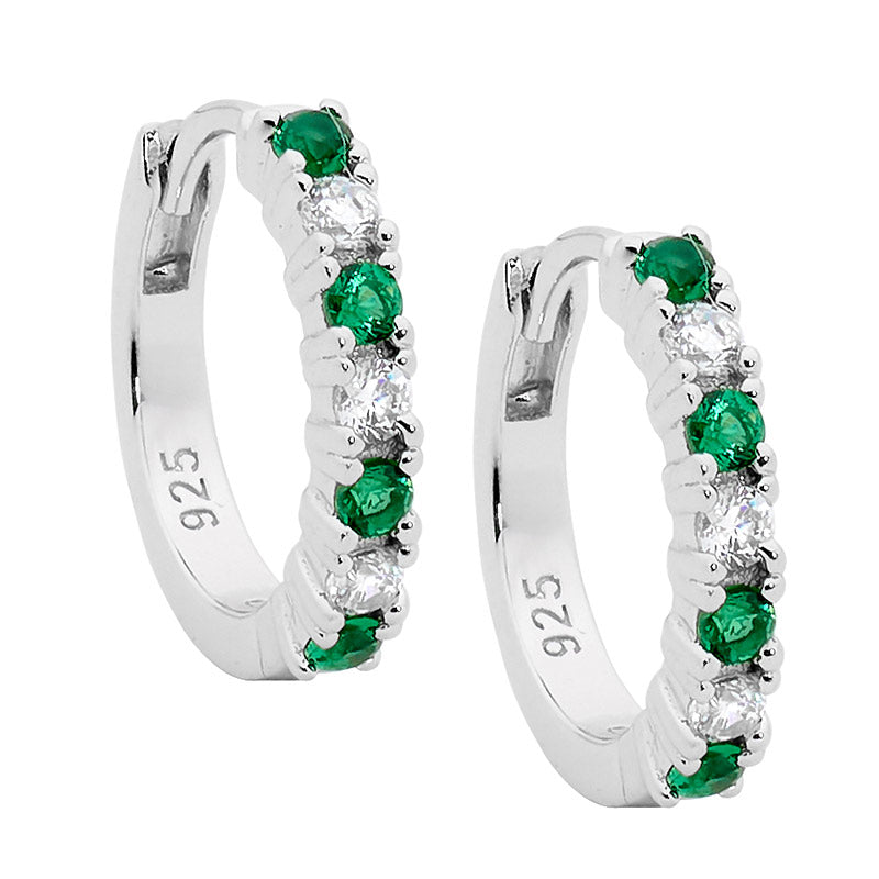 Ellani Sterling Silver 14mm Hoop Earrings with White & Green Cubic Zirconia - E533GN