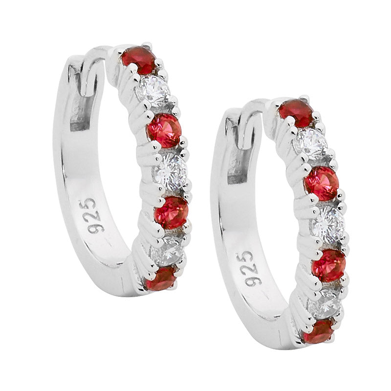 Ellani Sterling Silver 14mm Hoop Earrings with White & Red Cubic Zirconia - E533RD