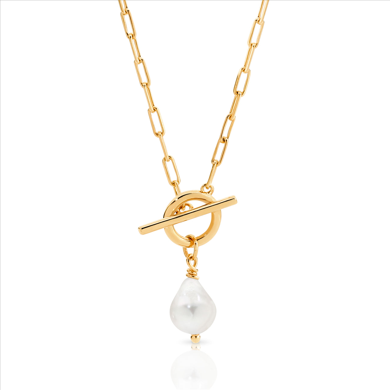 18ct Yellow Gold Plated Alloy Synthetic Pearl Drop Fob 45cm Necklace