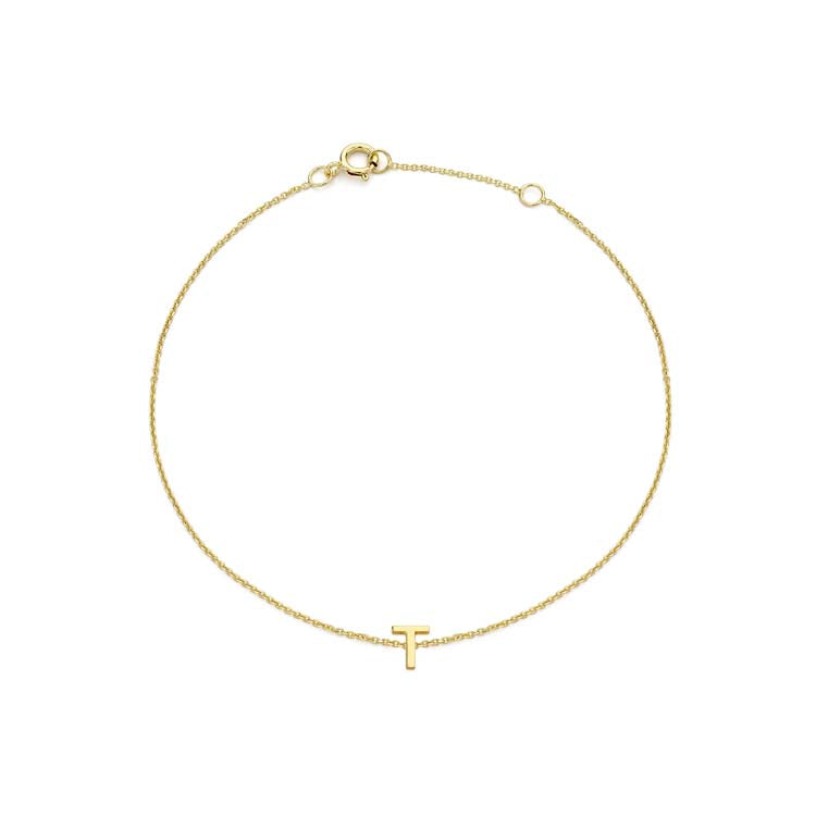 9K Yellow Gold Mini Initial 'T' Bracelet 15.5-19cm | The Jewellery Boutique