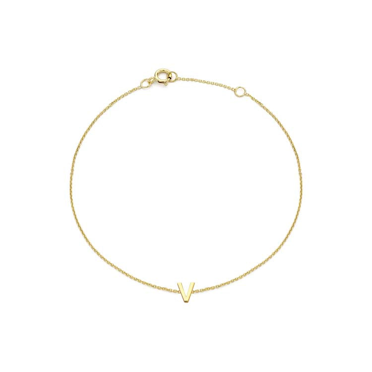 9K Yellow Gold Mini Initial 'V' Bracelet 15.5-19cm | The Jewellery Boutique