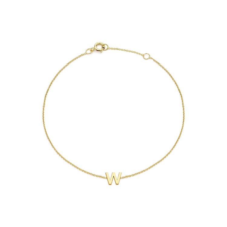 9K Yellow Gold Mini Initial 'W' Bracelet 15.5-19cm | The Jewellery Boutique