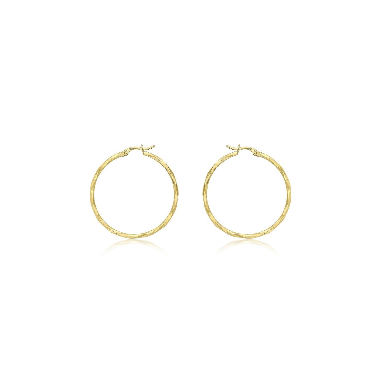 9K Yellow Gold 33mm Diamond Cut Faceted Hoop Creole Earrings