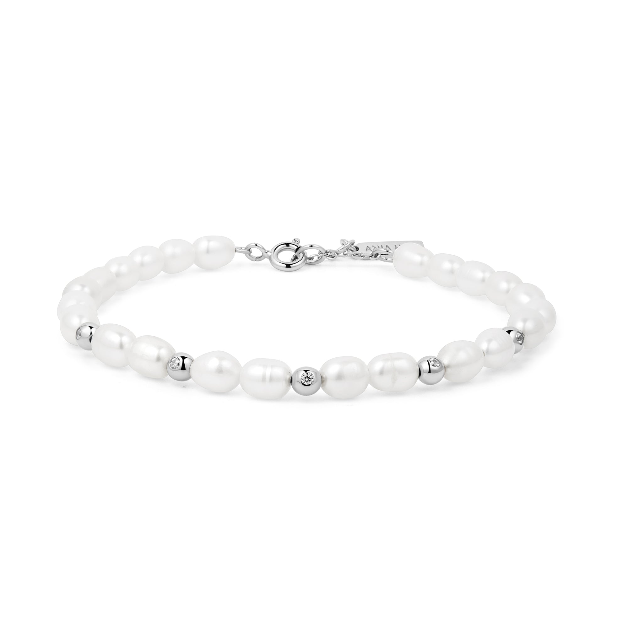 Ania Haie Silver Freshwater Pearl and White Cubic Zirconia Bezel Set Bracelet