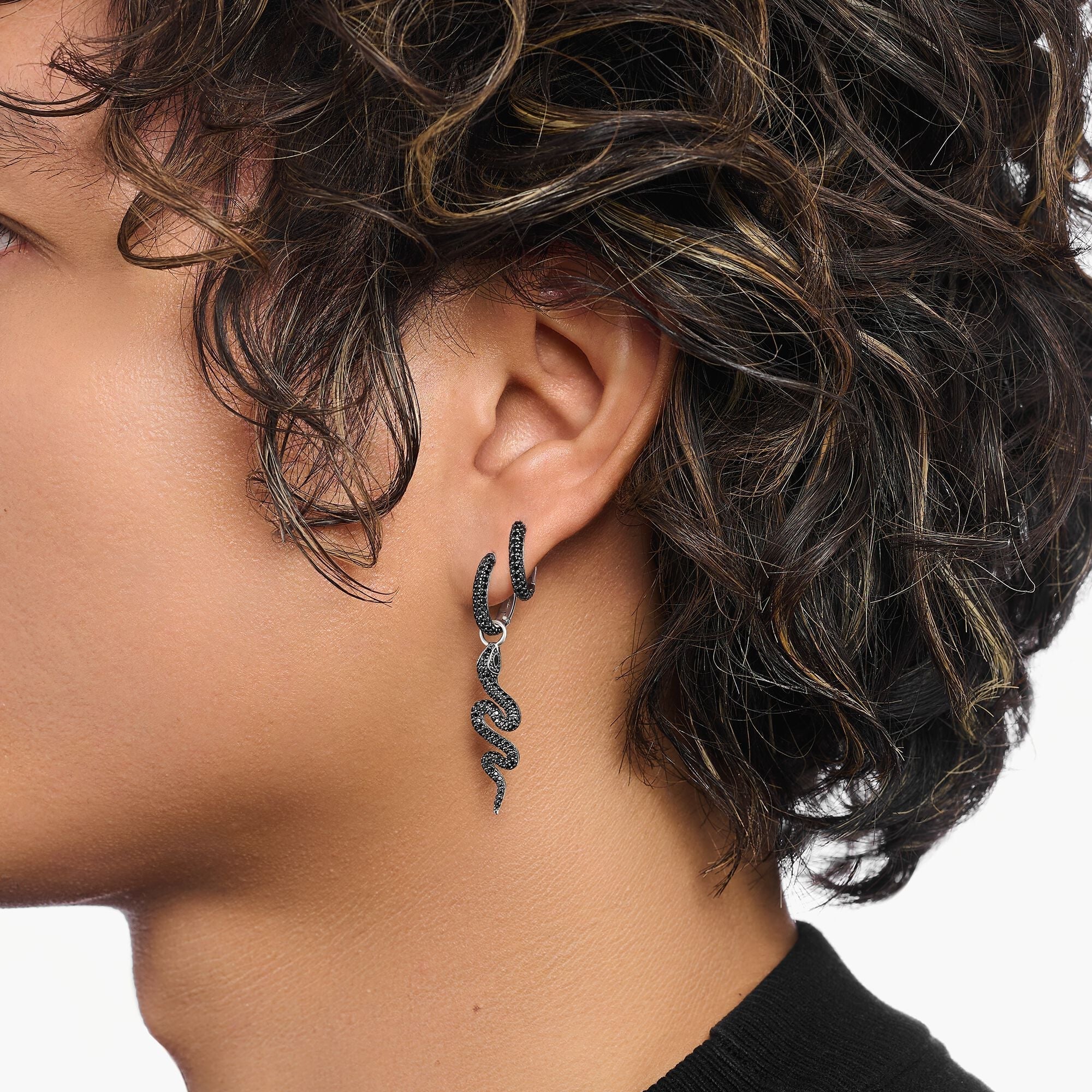 Single Snake hoop earring with black zirconia