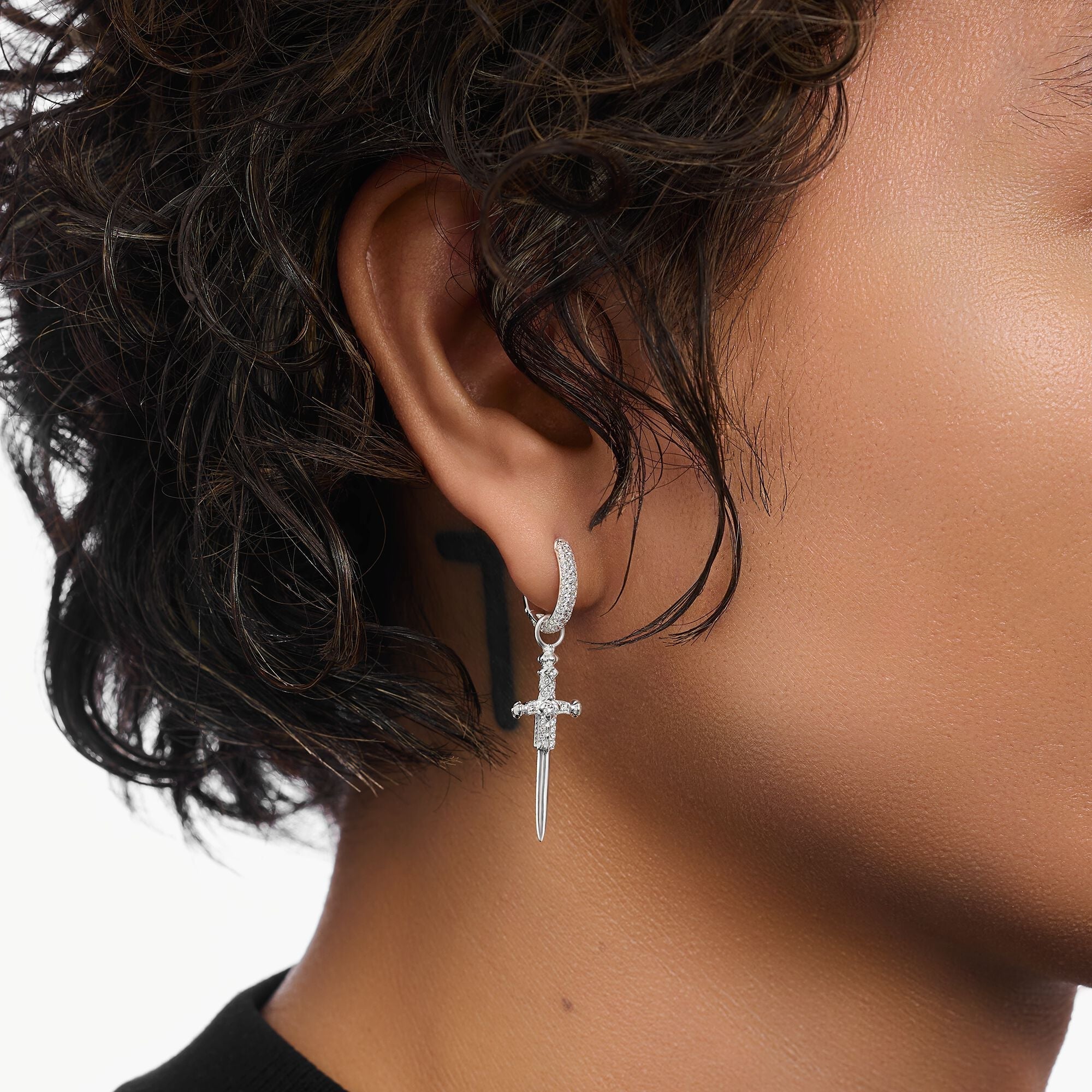 Single hoop earring with sword & white stones