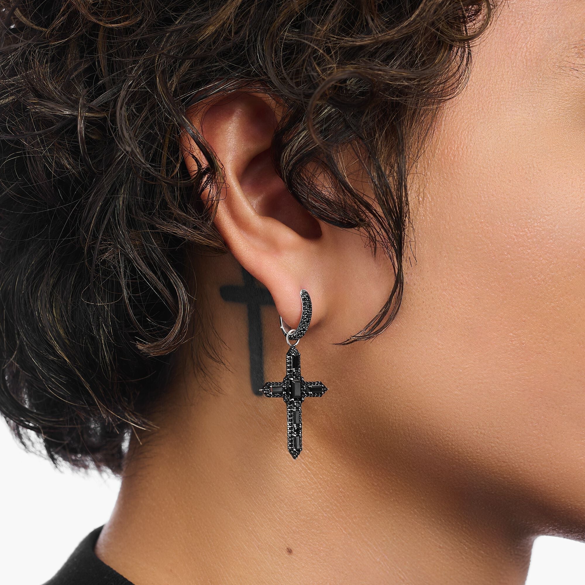 Single Cross hoop earring with black zirconia